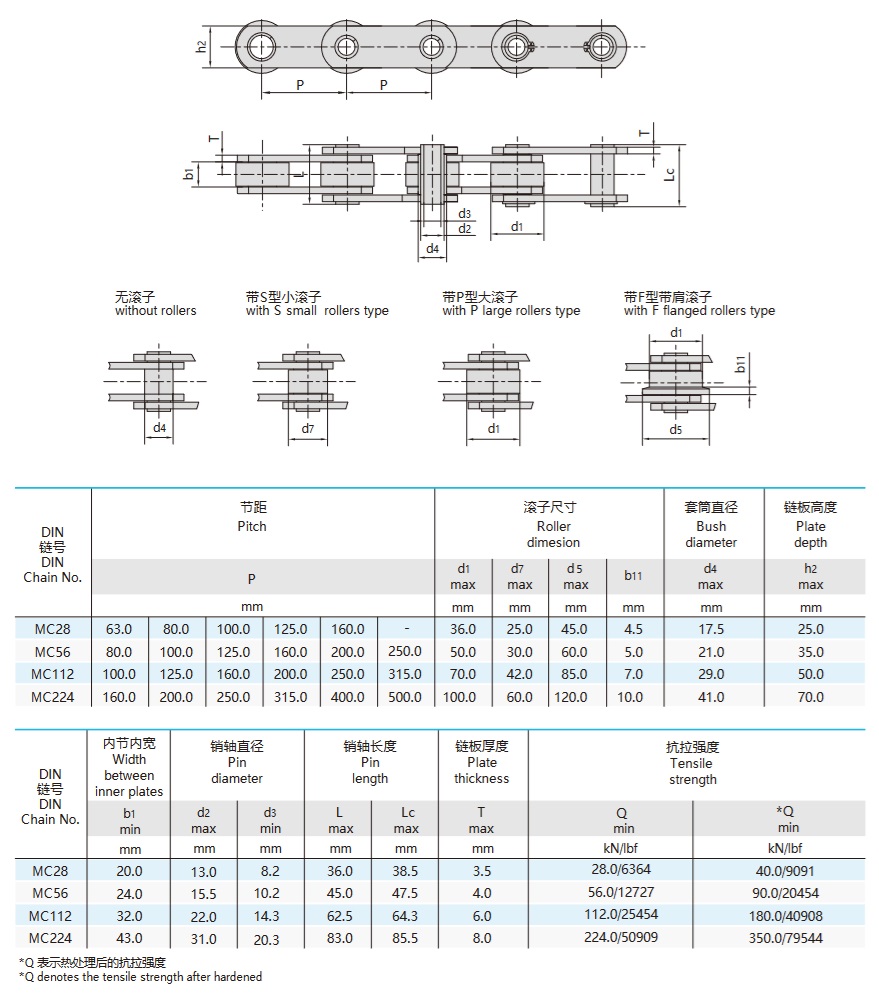 סדרת mc קטגוריית שרשרת מסוע עם פינים חלולים מטריים